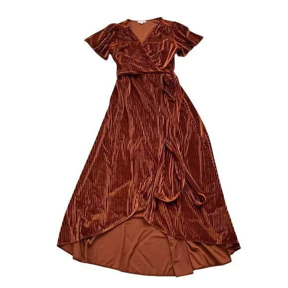 Baltic Born Andi Ribbed Velvet Wrap Dress in Copper Size XL Maxi Tulip Hem - Picture 1 of 7